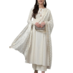Off White Pure Cotton Flared Kurta with Palazzo and Dupatta