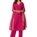 Pink Chanderi A-line Kurta with Pant and Dupatta