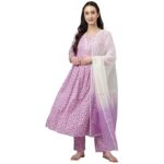Lavender Pure Cotton Flared Kurta Set With Dupatta